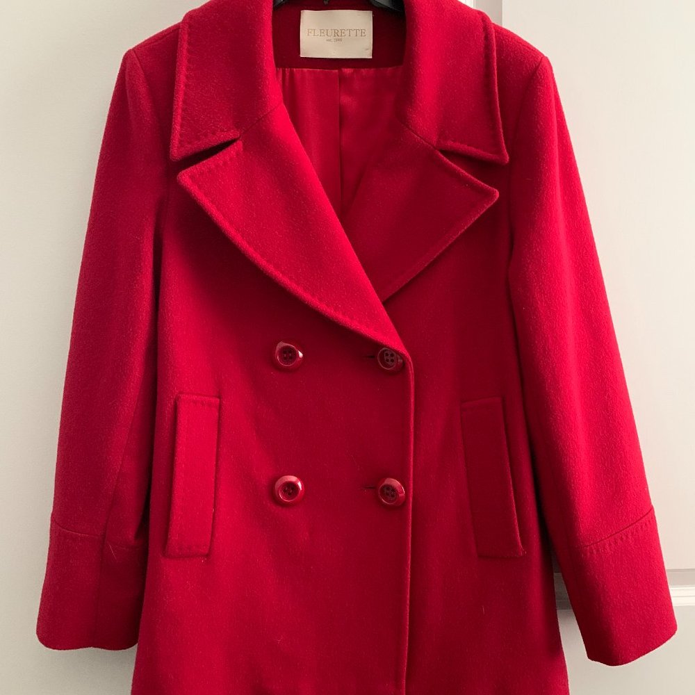 Red Fleurette Double Breasted Pea Coat, Size 10
